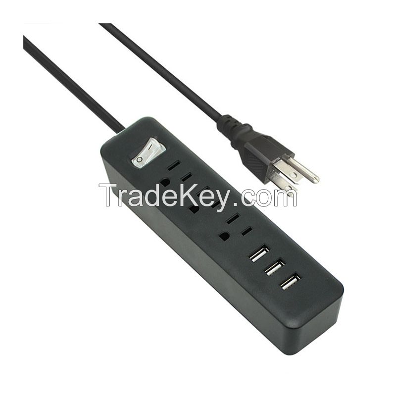 3 way USA extension plug power strip with 3 usb ports in black color for home and office use