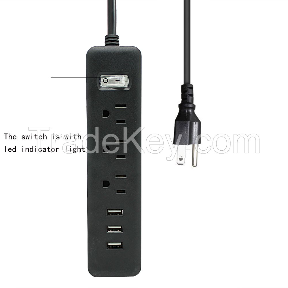 3 way USA extension plug power strip with 3 usb ports in black color for home and office use