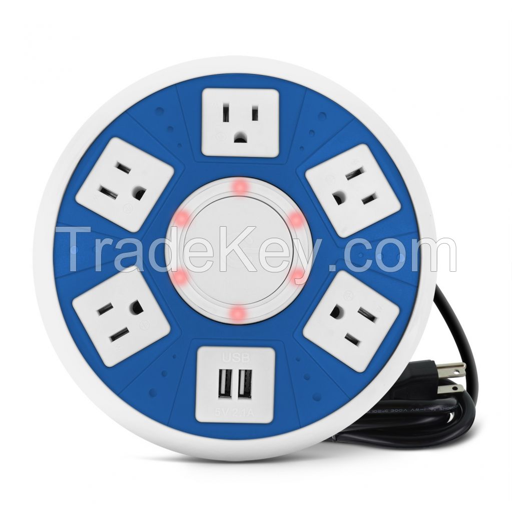 Smart Surge Protection 2500W, 10A Power Strip Multi-Outlets Power Cord with 5 AC Plugs and 2 USB Ports Smart USB Charger