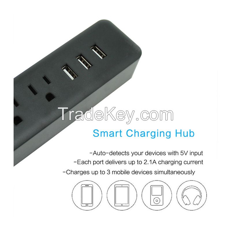 3 way USA extension plug power strip with 3 usb ports in black color for home and office use