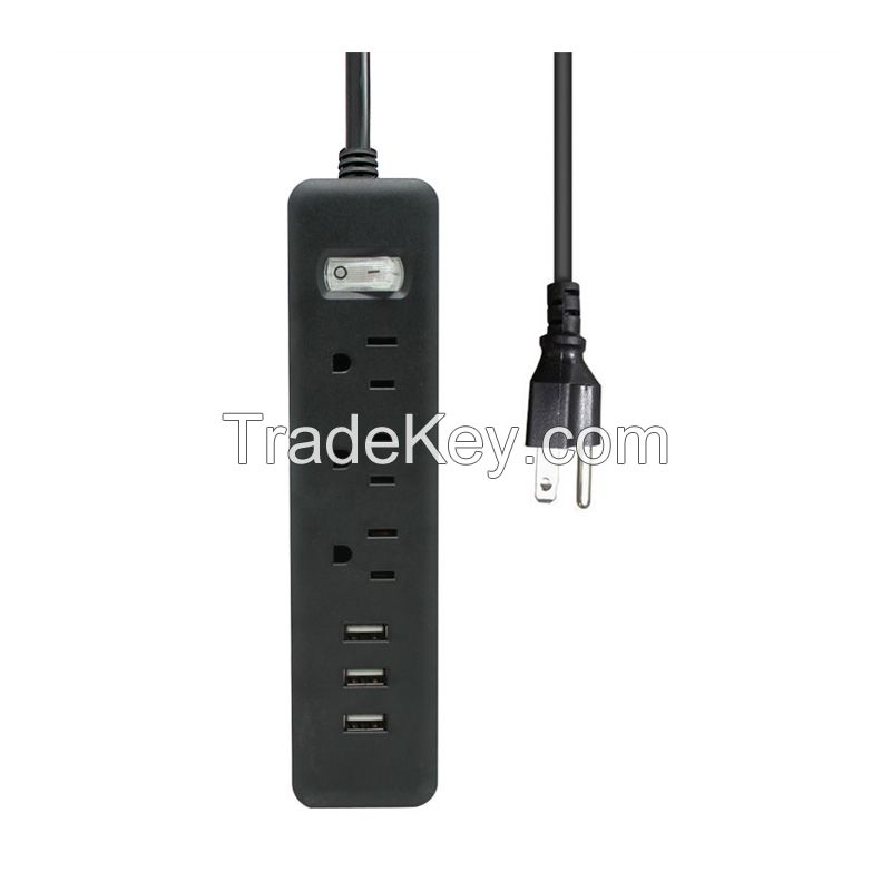 3 way USA extension plug power strip with 3 usb ports in black color for home and office use