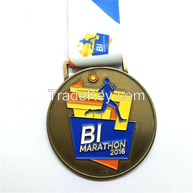 Custom logo text 3D silver medal with sports medal ribbon