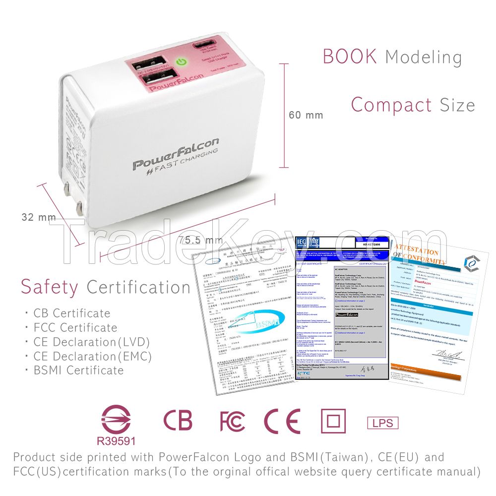 Powerfalcon 25W Smart 1+1(USB-C)+1(QC2.0) port Charger/Foldable