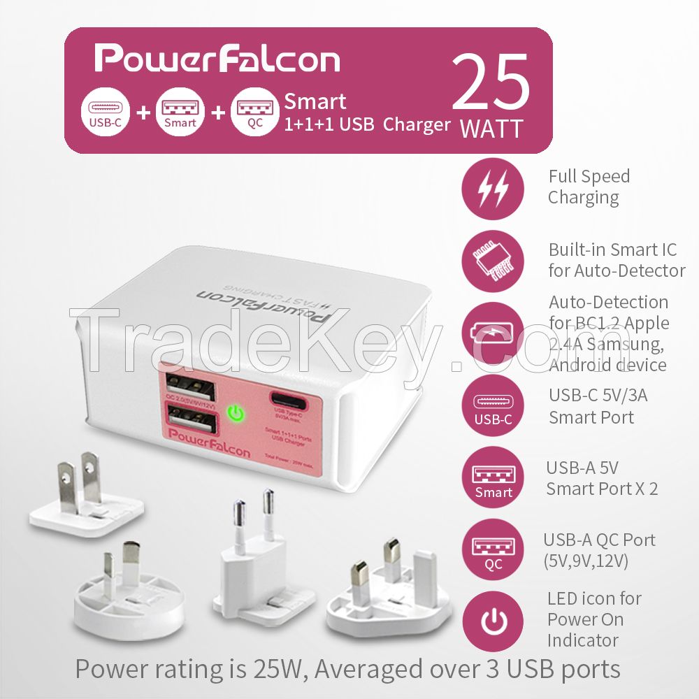 Powerfalcon 25W Smart 1+1(USB-C)+1(QC3.0) port Charger/interchangable