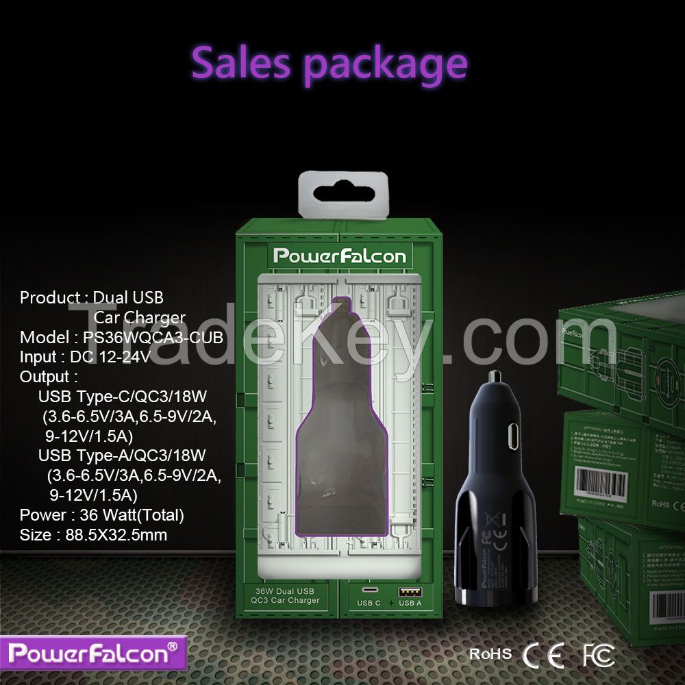 Powerfalcon 36W Dual QC3 (USB C+A) Car Charger