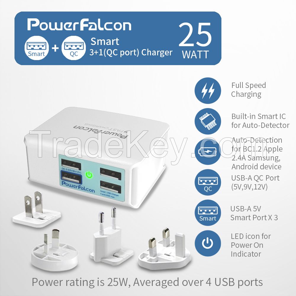 Powerfalcon 25W Smart 3+1(QC3.0) port Charger/interchangable