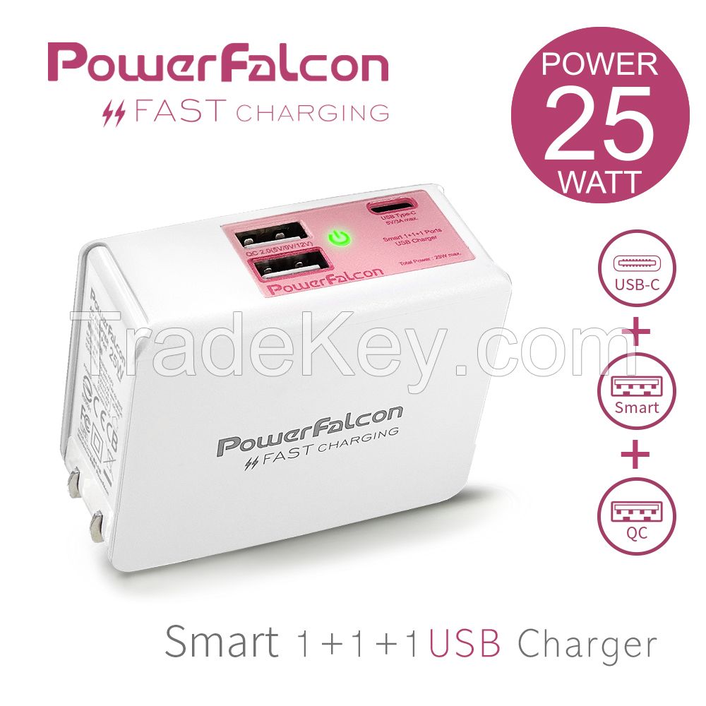 Powerfalcon 25W Smart 1+1(USB-C)+1(QC2.0) port Charger/Foldable