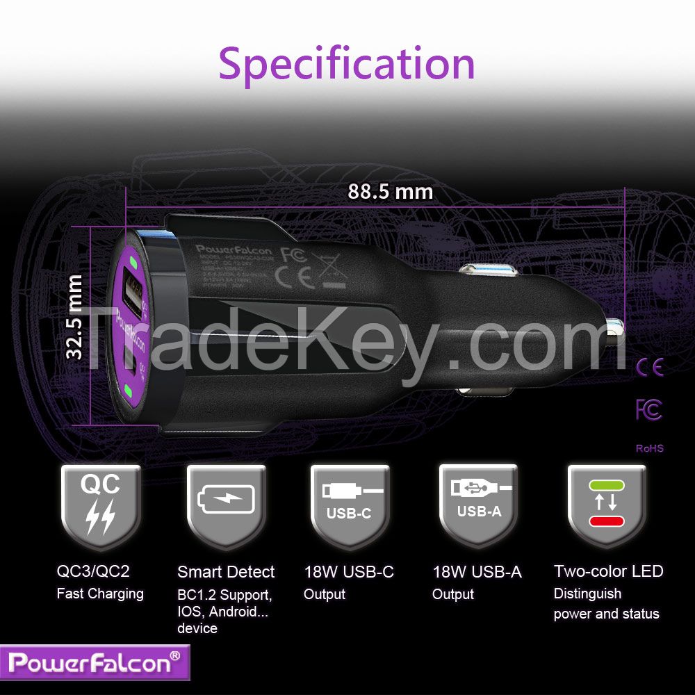 Powerfalcon 36W Dual QC3 (USB C+A) Car Charger