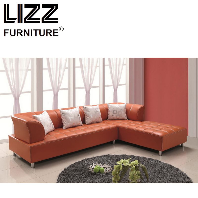 Modern Living Room L Shape Sectional Orange Leather Sofa