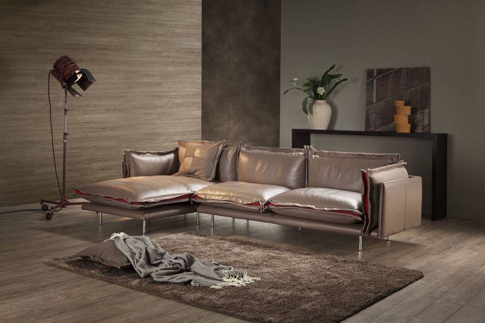 Living Room Modern Leather & Fabric Sectional Sofa
