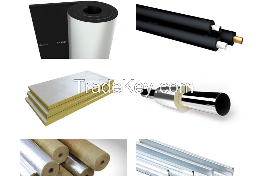 Elastomeric rubber foam insulation rolls and tubes, PVC bands, neoprene, flange profiles