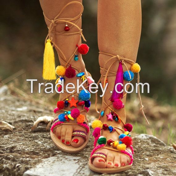 Handmade Leather Knee-High Gladiator Sandals High Quality Ash Woman Gypsy Boho Leather Sandals