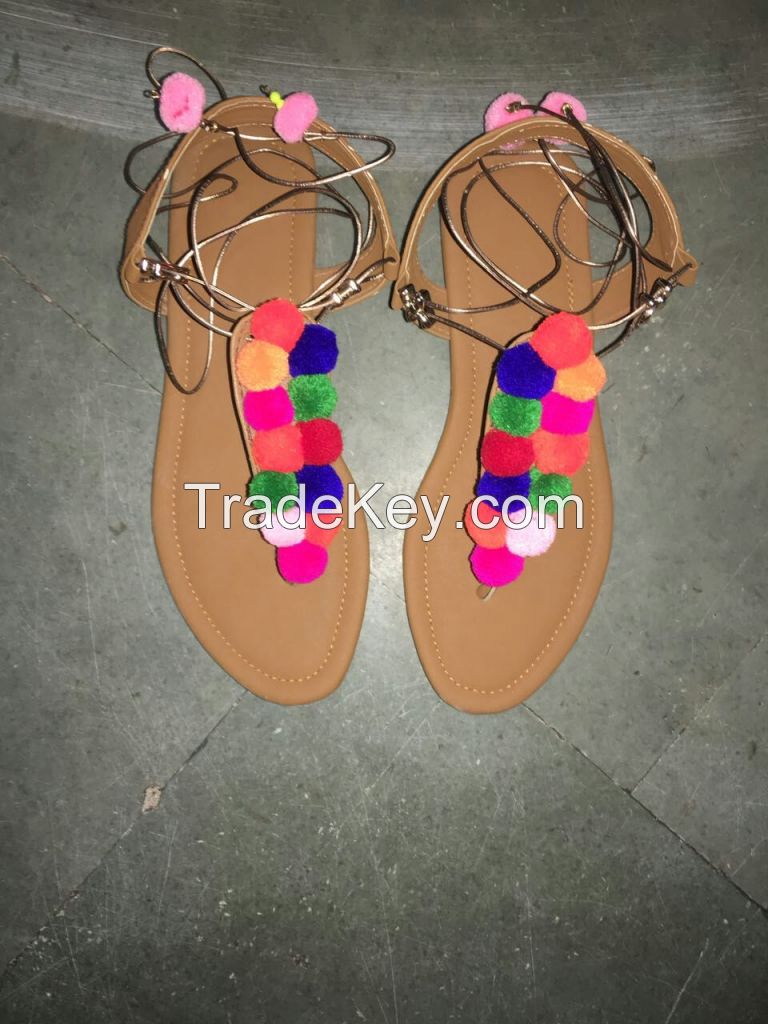 Handmade Classic Beautiful Flat Colorful Pompom Sandal