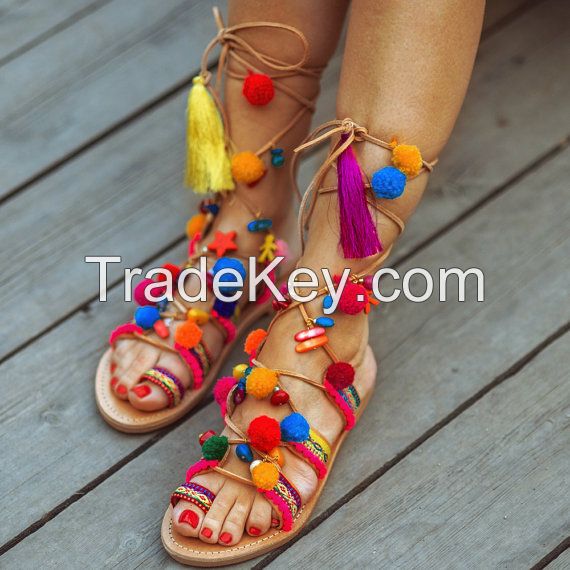 Colorful Pompom Sandal Ladies Designer Shoe By Jodaas