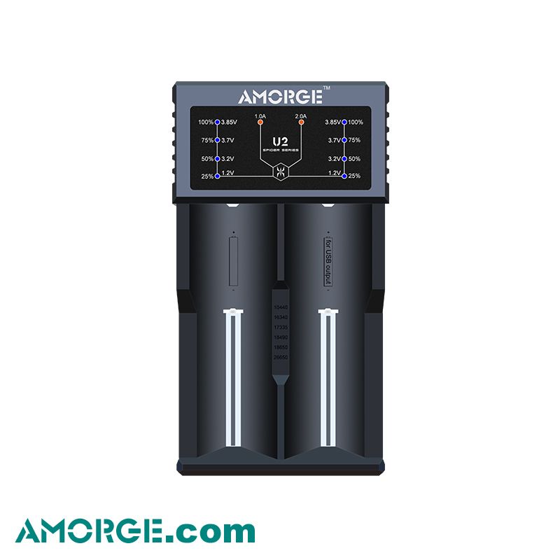 Amorge Power Spider series 2 bay USB Quick Charger U2 Charger for 1.2V 3.7V 10440 18650 20700 21700 26650 rechargeable battery