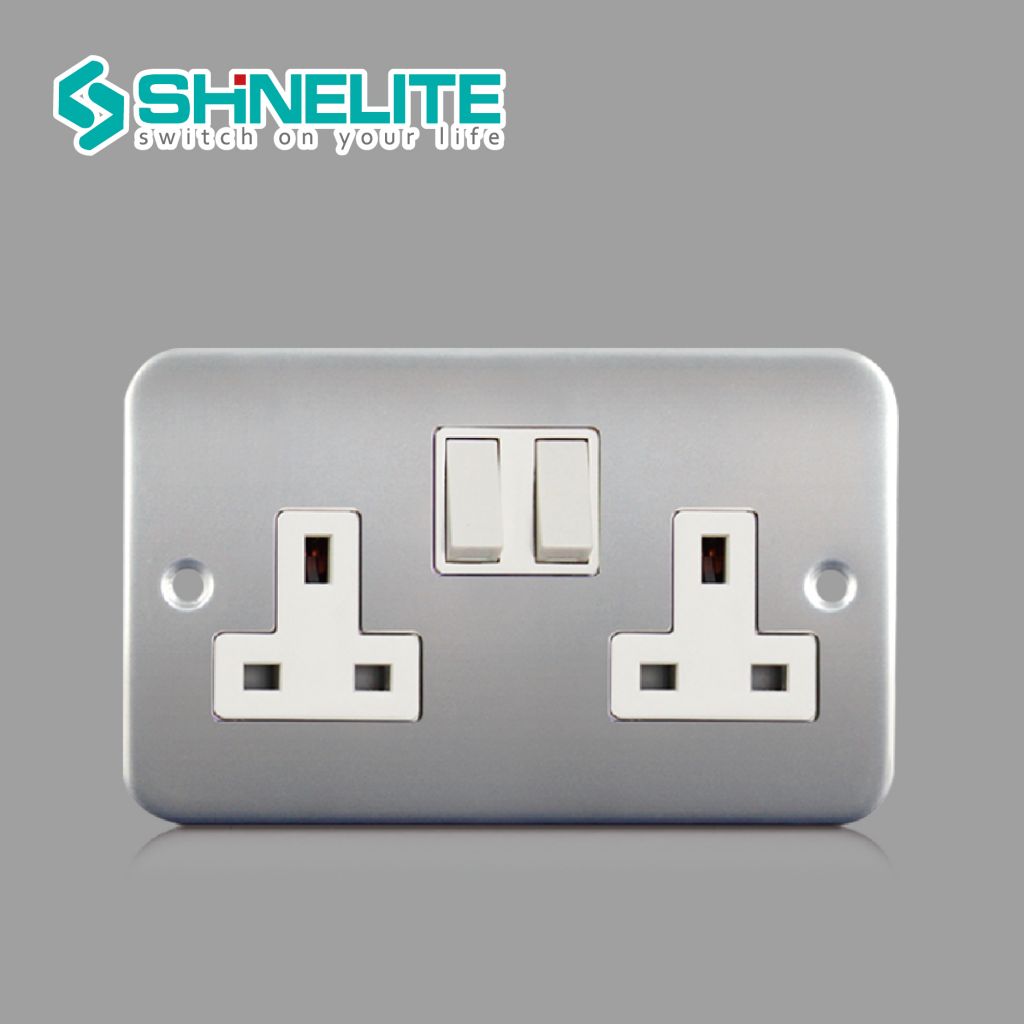 Metal Clad Good quality 13A 2 gang electrical socket with switch Chrome color OEM
