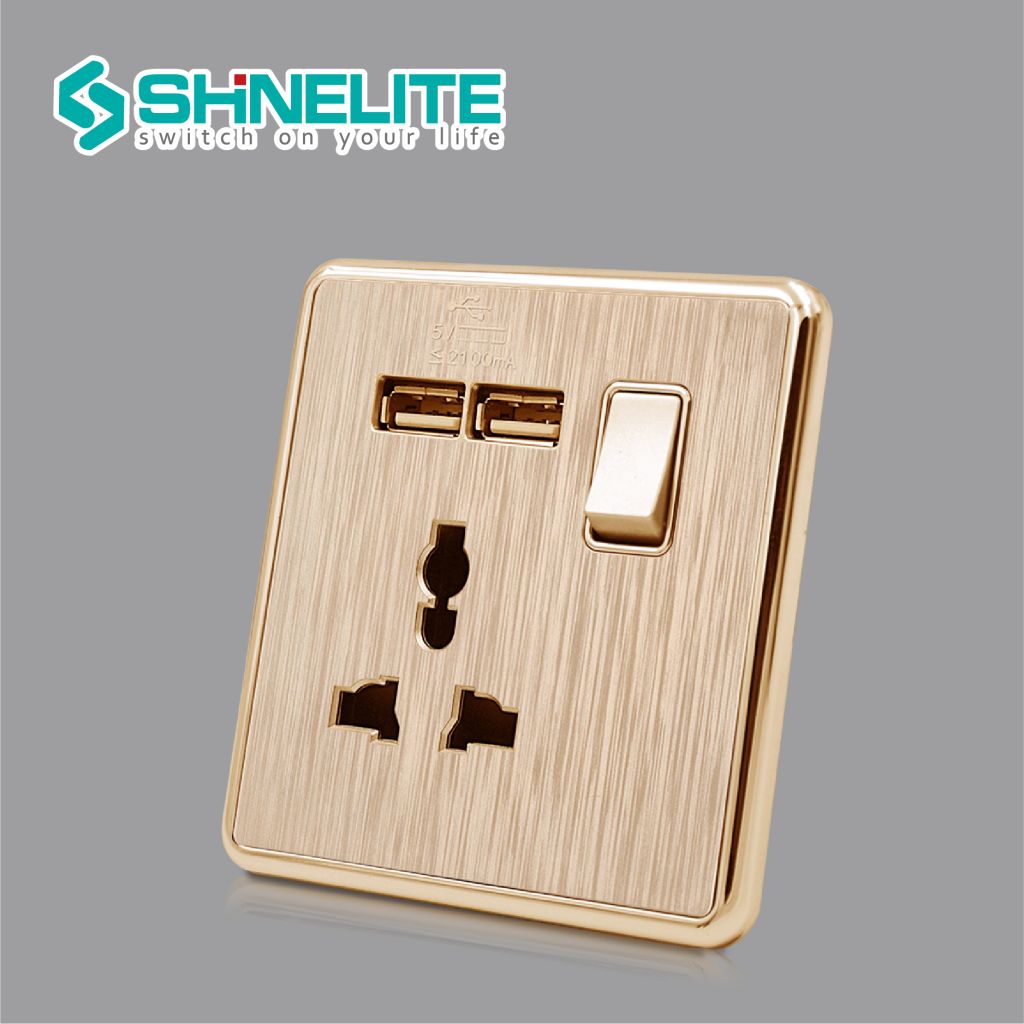 British Standard plastic brushed plate wall socket with 2 USB port OEM