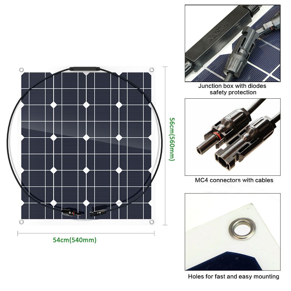 Photovoltaic 50W 18V Semi-Flexible Solar Panel Mono Cell Module Kit for Yacht RV Boat Car Charger