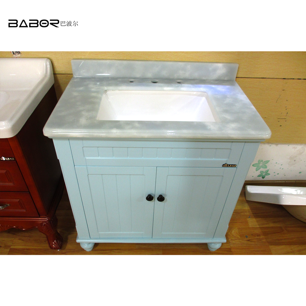 navy blue painted wood bathroom vanity