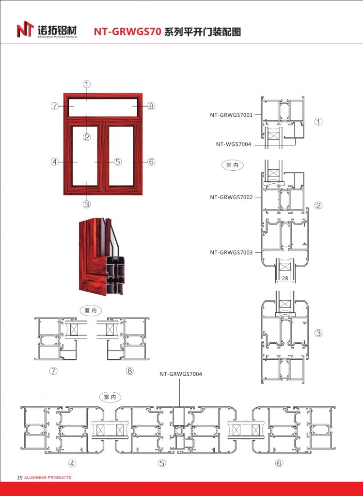 Aluminium profiles section for casement windows and doors