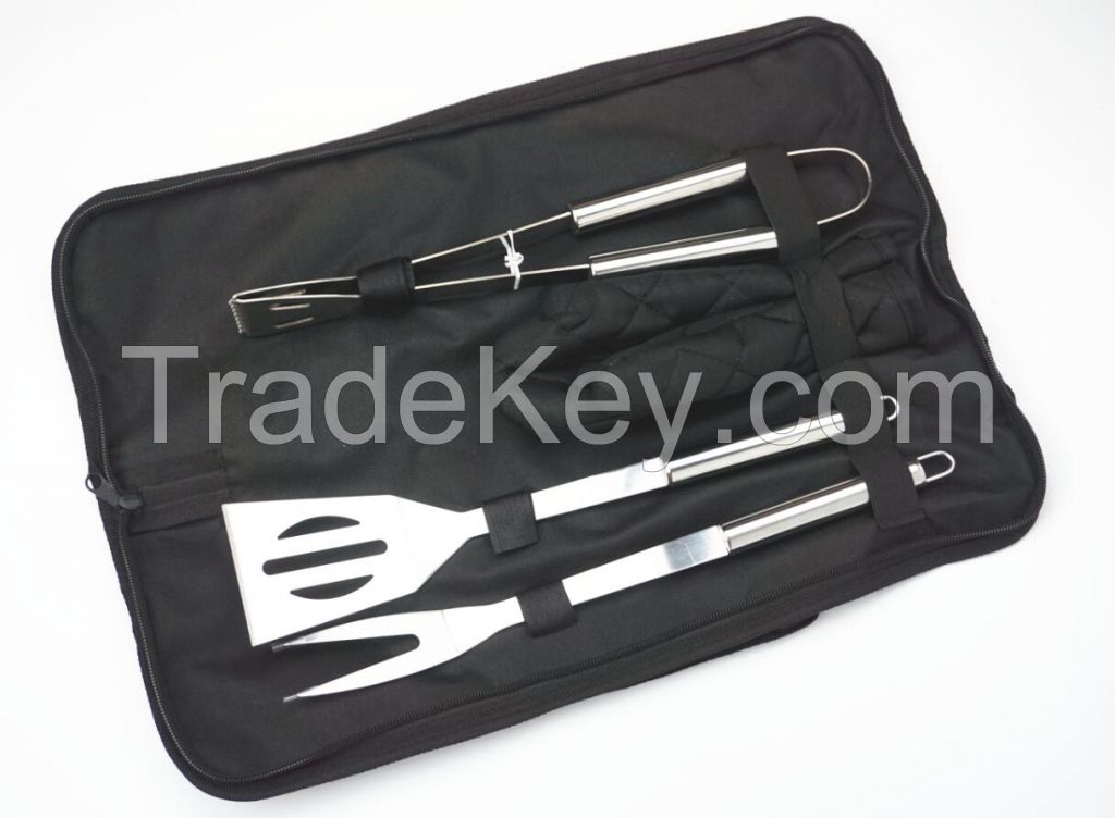 3 piece BBQ in bbq tool set with apron bag and glove in black color