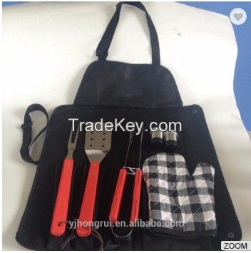 3 pcs wood handle bbq tool accessories with black apron