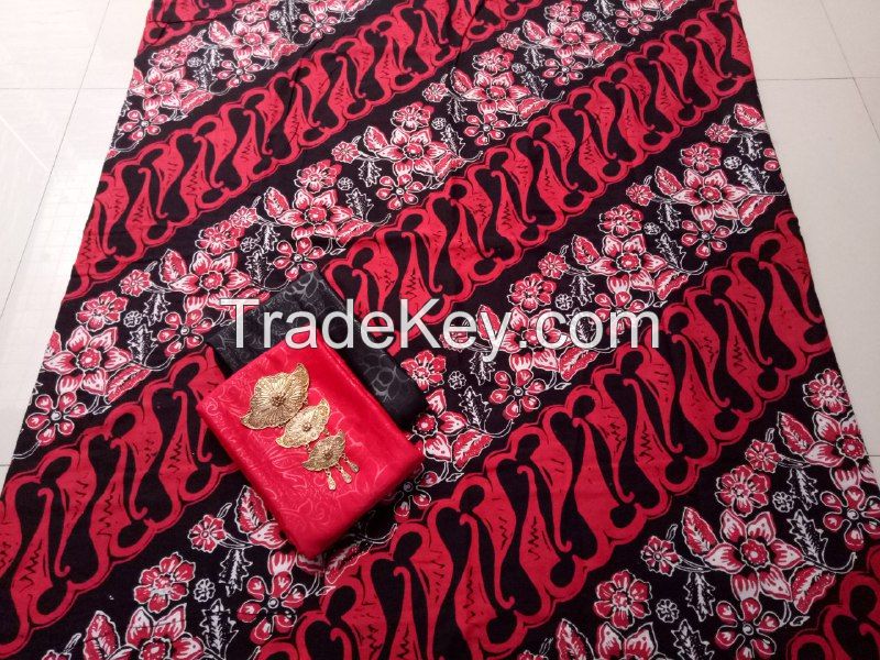 Batik Pekalongan Manual Stamp Fabric Cotton Parang Flower Red Black, Red GF04