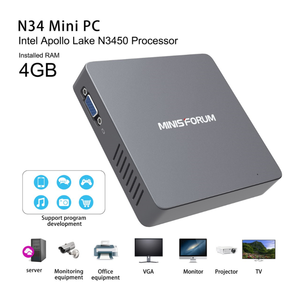 Mini Computer N34 Fanless Mini PC, Windows 10 Pro 64-Bit/ 4GB/64GB, Support M.2 SSD, Intel Celeron N3450 (up to 2.2 GHz) HD Graphics 500, 4K/ 1000M LAN/ 2.4G+5.8G WiFi/ BT 4.0 [Dual Output - HDMI&VGA]