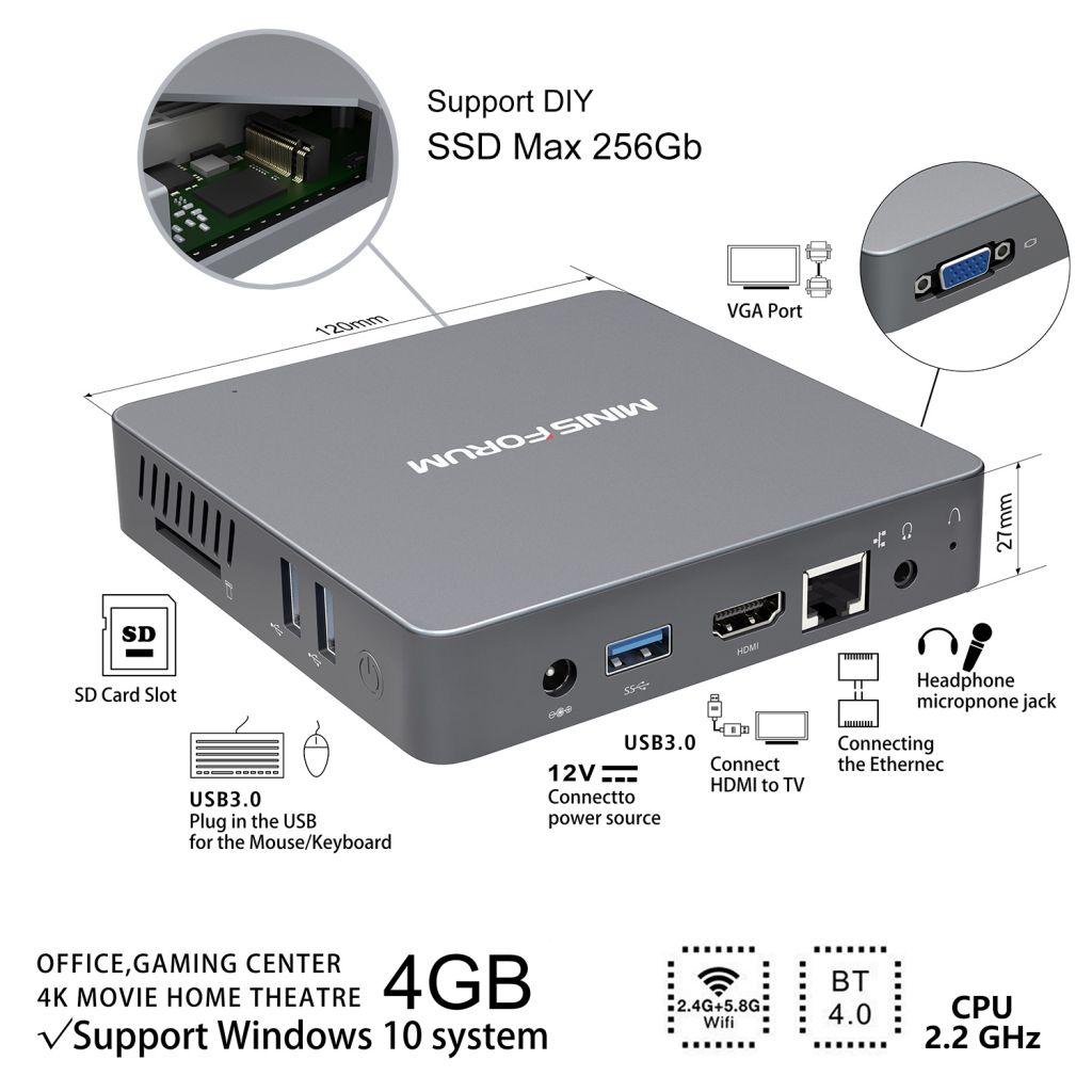 Mini Computer N34 Fanless Mini PC, Windows 10 Pro 64-Bit/ 4GB/64GB, Support M.2 SSD, Intel Celeron N3450 (up to 2.2 GHz) HD Graphics 500, 4K/ 1000M LAN/ 2.4G+5.8G WiFi/ BT 4.0 [Dual Output - HDMI&VGA]