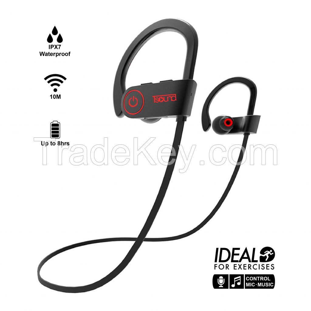 TSOUND Best Headphones Wireless Sports Earphone IPX7 Waterproof HD Sweatproof in Ear Earbuds for Gym Running Workout 8 Hour Battery 