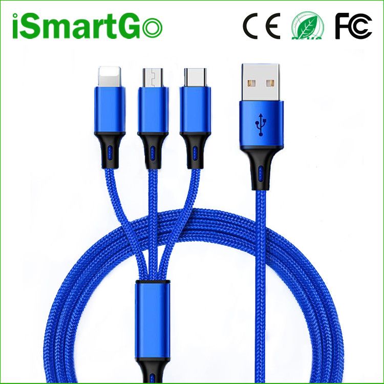 Nylon Braided Multiport USB Charge Cable for Type C, Micro USB, Apple Mobile Phones