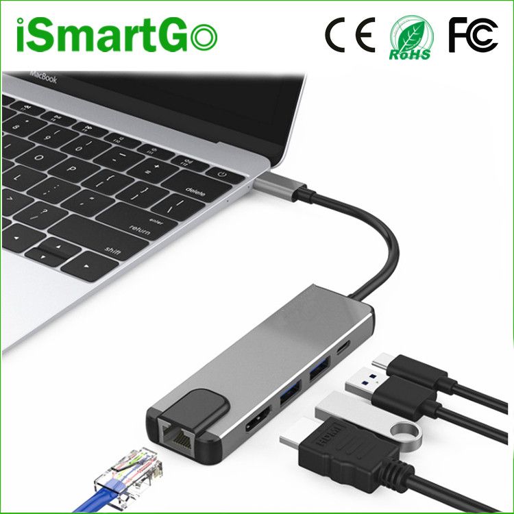 5 in 1 Type C to RJ45 Gigabet Ethernet 4K HDMI Adapter USB3.0