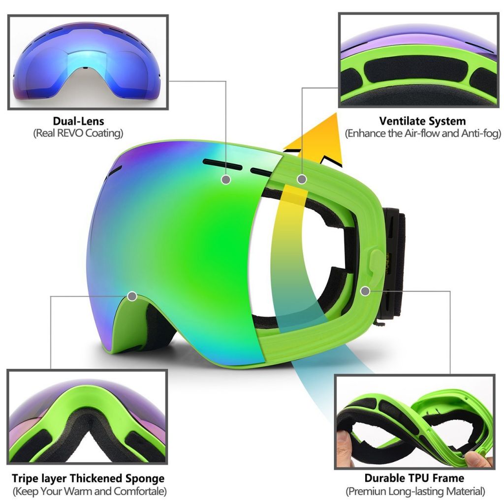 PROPRO Ski Goggles, Snowboard Goggles UV Protection, Snow Goggles Helmet Compatible for men women boys girls kids, Anti fog OTG
