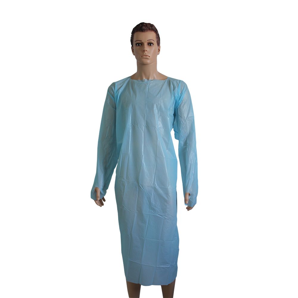 disposable water proof blue CPE gown with thumb loop