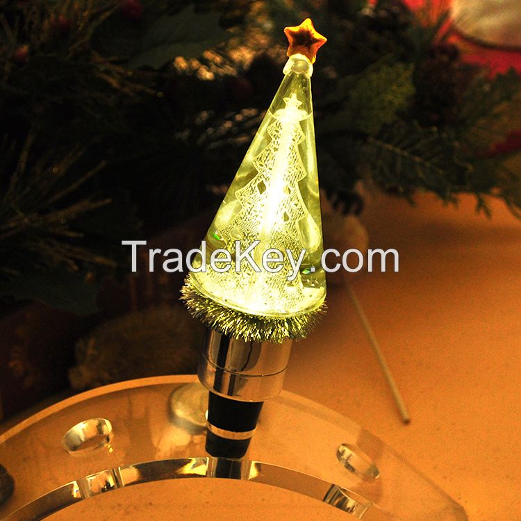 Bottle stopper laser engraving snowflake green Christmas tree /acrylic tree inside water globe light led wine stopper