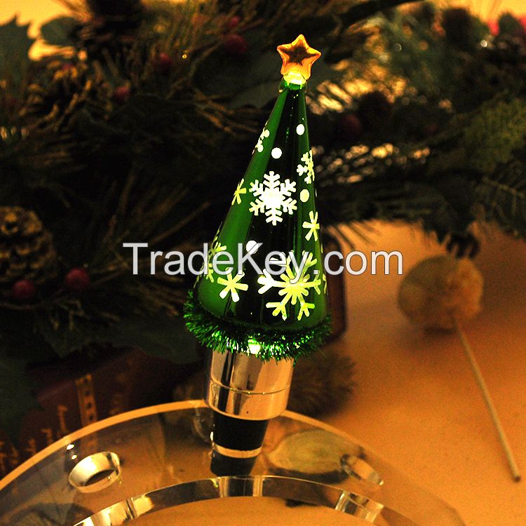 Bottle stopper laser engraving snowflake green Christmas tree /acrylic tree inside water globe light led wine stopper