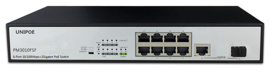 10-Port Fast Ethernet Unmanaged PoE Switch, Desktop, 120W 8xPoE, 1 Gigabit Ethernet uplink + 1 SFP, Sturdy Metal, Fanless, Plug-and-Play (PM3010FSF)