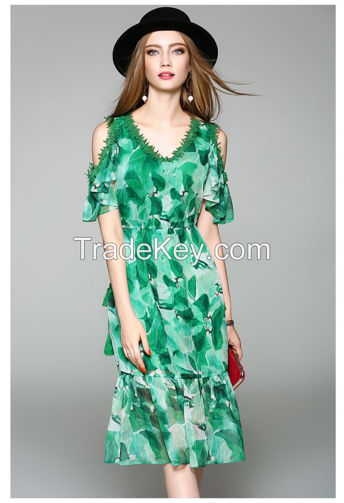 moozoi green v neck real silk short sleeve dress