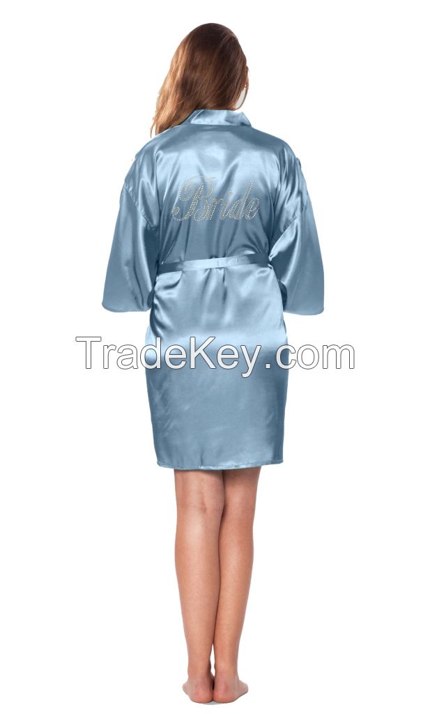  Airy Blue Satin Robe for Bride with clear Rhinestone