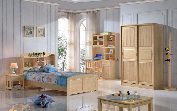 Natural Wooden Layer Kids Bed Children Bedroom Furniture Solid Wood Cot
