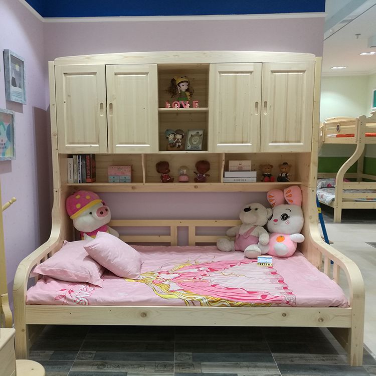 OEM Space Saving Wardrobe Bed Pine Wood Natural Color Cot