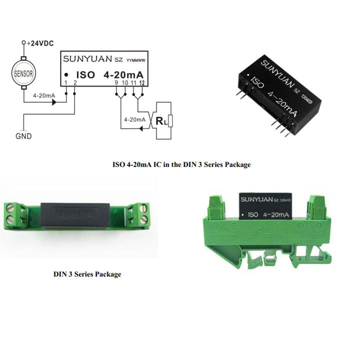 DIN Rail Loop Powered 4-20mA Converter with 3kv Isolation