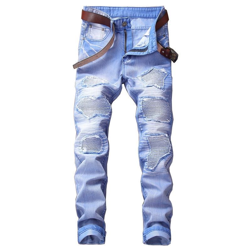 2018 Men Skinny Jean Distressed Slim Elastic Denim Biker Jeans Hip Hop Pants Washed Ripped Jeans Plus Size Skinny Rock Ripped Embroidery Destroy Stretch Jeans