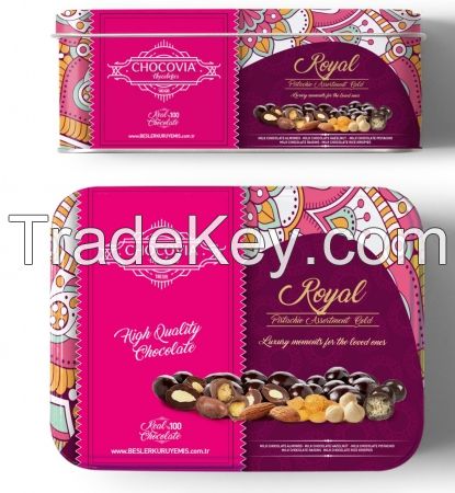 Chocolate coated nuts, assortment in Tin boxes