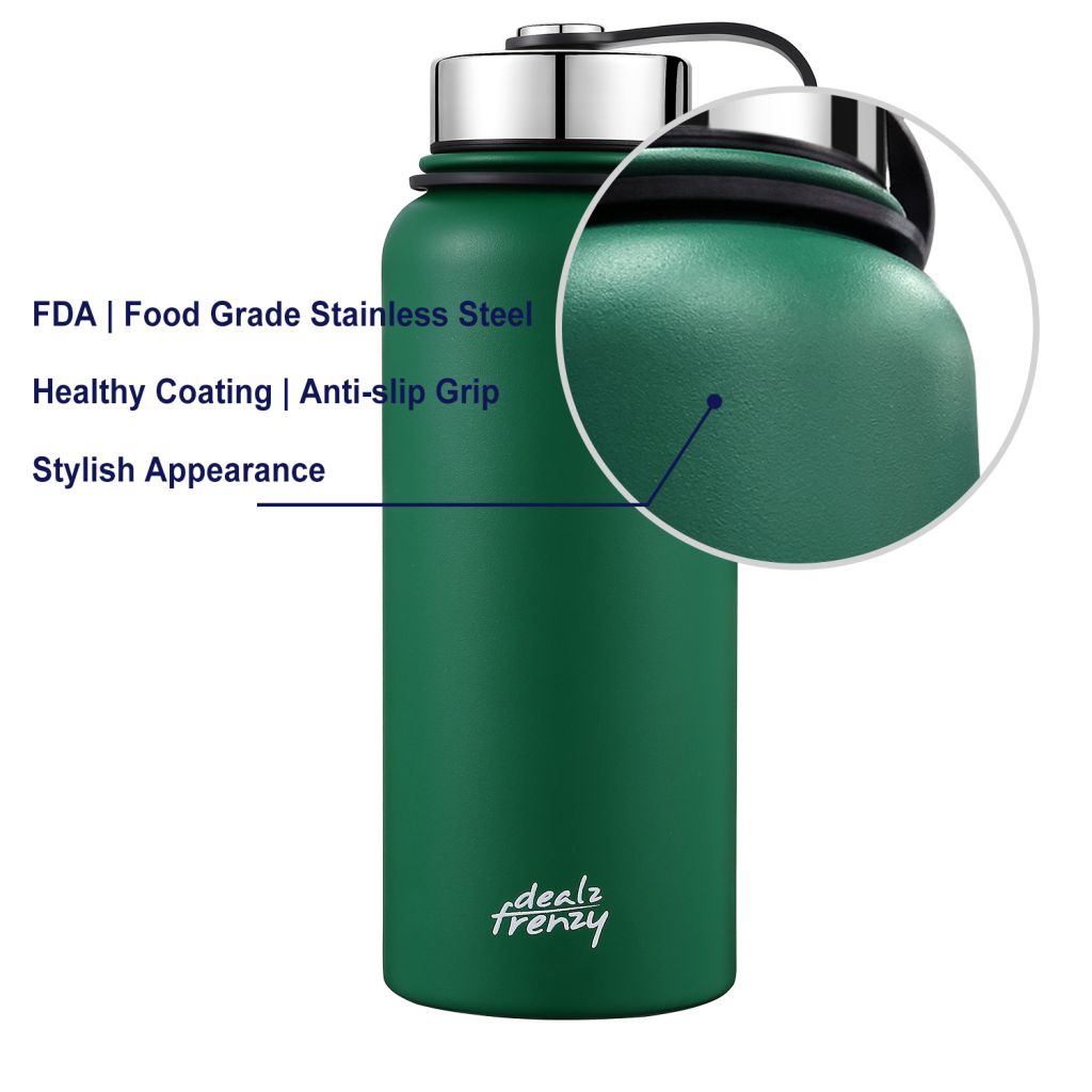 Stainless Steel Sports Water Bottle, 32 oz Double Wall Vacuum Insulated Wide Mouth Thermos Flask for Hot & Cold Drinks, Leak & Sweat Proof, Metal Bottle with BPA Free Cap