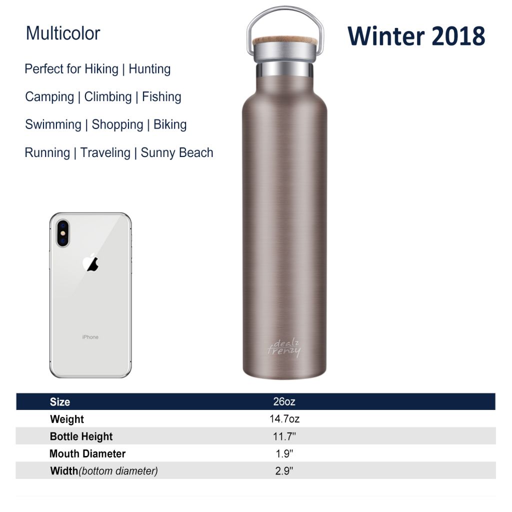 Insulated Water Bottle - Double Â Wall Stainless Steel Vacuum Thermoses Flask with lid-Hot Cold Drinks, Bamboo Cap Coffee Cups, BPA Free, Black Friday 26 oz