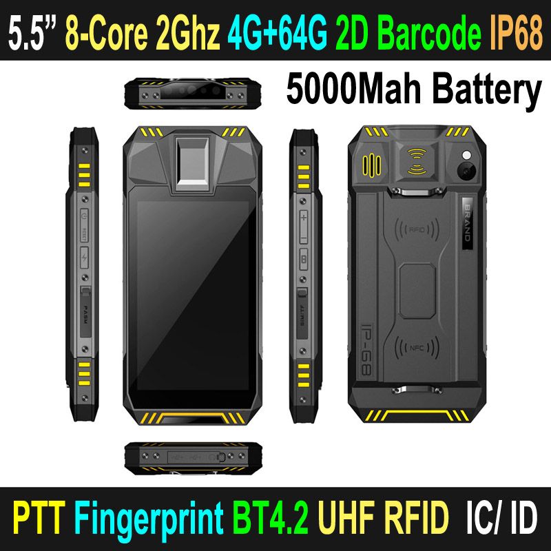 Cheapest Factory 5.5 inch IP68 1920*1080 Android7.1 PDA Scanning Solution with MSM8953 Octa-core  5000mAh Fingerprint 2D Barcode UHF RFID . Handheld,mobile computer.handheld scanner