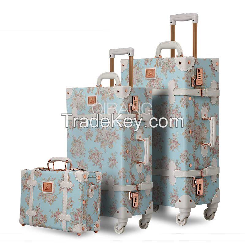 13" 20" 22" 24" 26" Girl Vintage Blue Floral Travel Trolley Luggage Suitcase, Women Retro Travel Sui