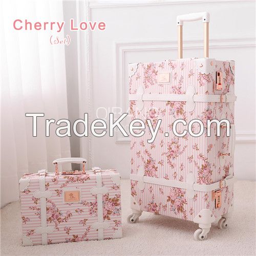 13" 20" 22" 24" 26" 2PCS/SET Women Retro Floral Trolley Luggage Suitcase, Girl Pink Vintagge Luggage