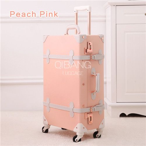 20&quot; - 26&quot; Spinner Wheels Retro Pink PU Leather Embossed Suitcase Women Trunk Vintage Luggage